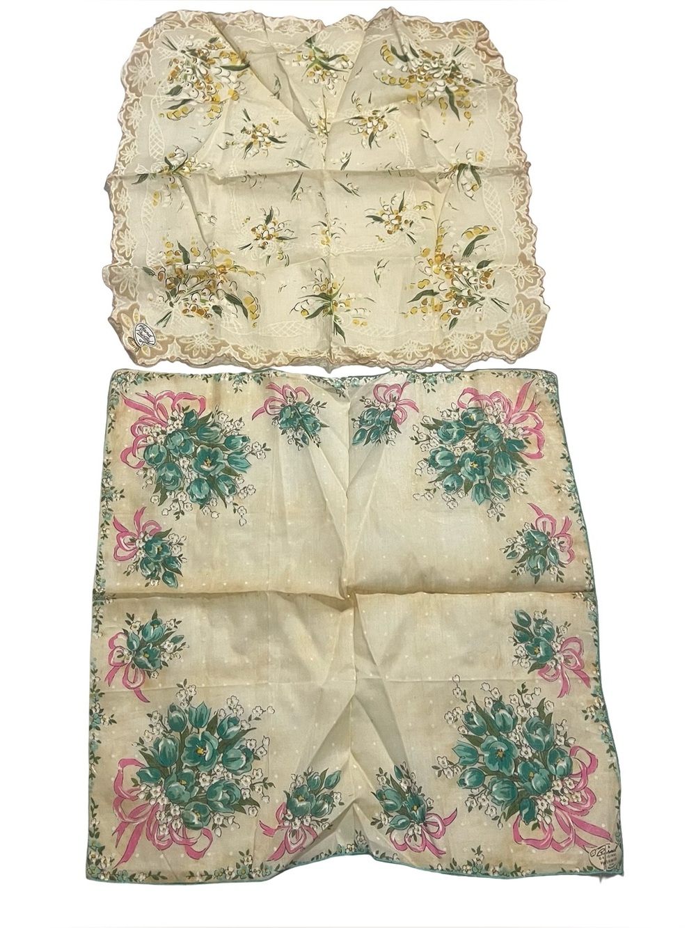 Vtg Hand Printed Floral Lace Handkerchief Lot Burmel 2pc Sz 13x13 Hemmed Cotton